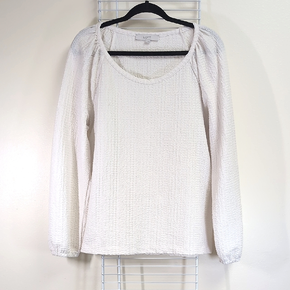 LOFT Large Cream Crinkle Crepe Texture Long Sleeve Women's Blouse